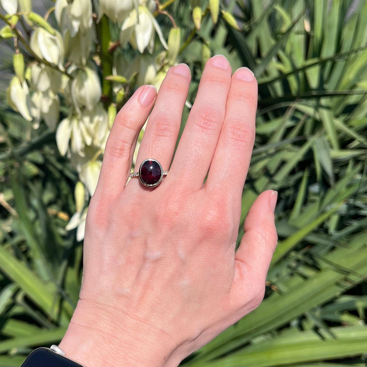 6.50 Carat Bufftop Rhodolite Garnet in Diamond Accented Bezel Ring