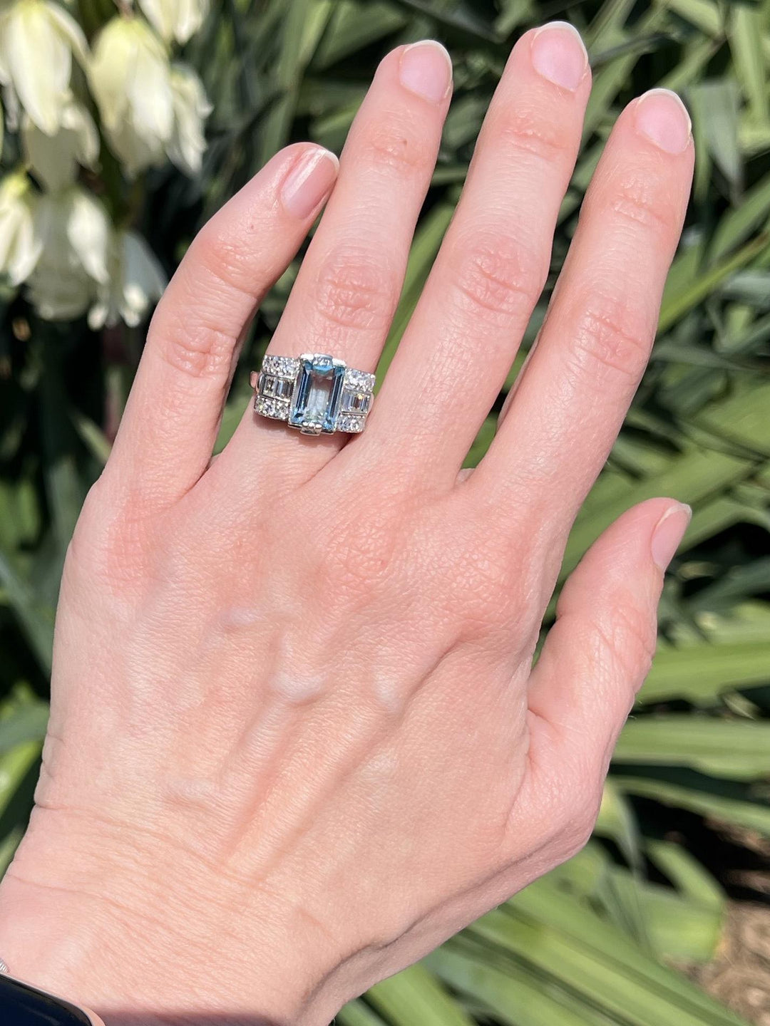 Art Deco Platinum Aquamarine Ring with Baguette and Single Cut Diamonds