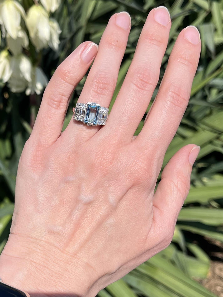 Art Deco Platinum Aquamarine Ring with Baguette and Single Cut Diamonds