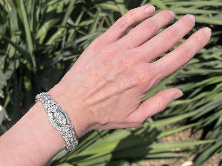 Art Deco Platinum and Diamond Link Bracelet with Emerald Accents