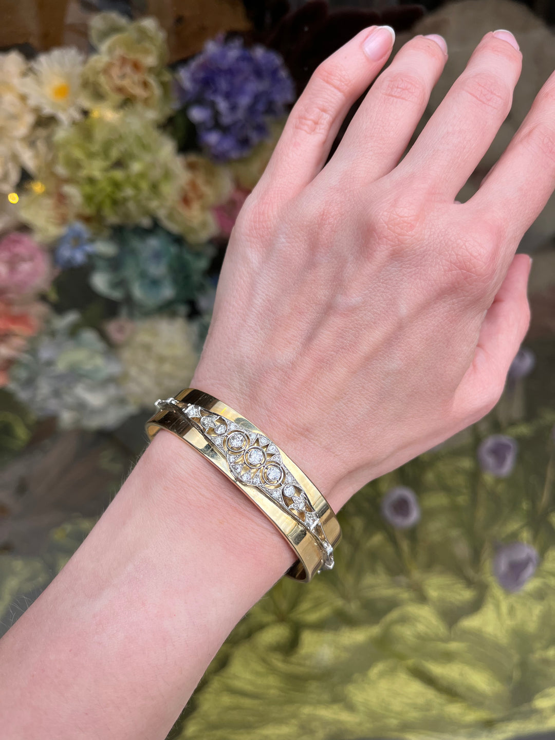 Art Deco Platinum and Diamond Bracelet on Modern Gold Cuff