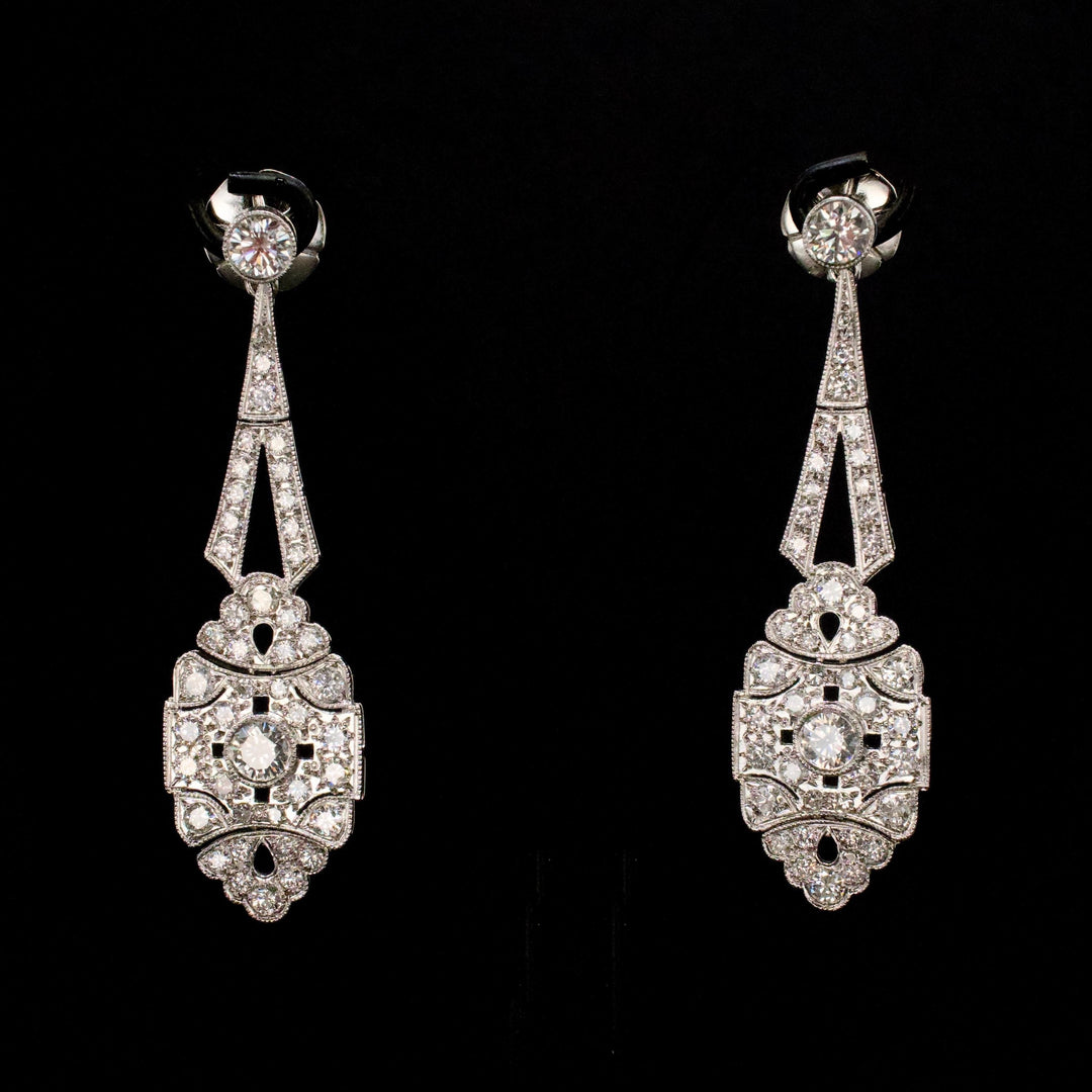 Pristine Art Deco Style Drop Earrings with 4.00 Carats of Diamonds in Platinum