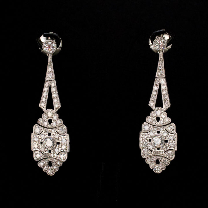 Pristine Art Deco Style Drop Earrings with 4.00 Carats of Diamonds in Platinum
