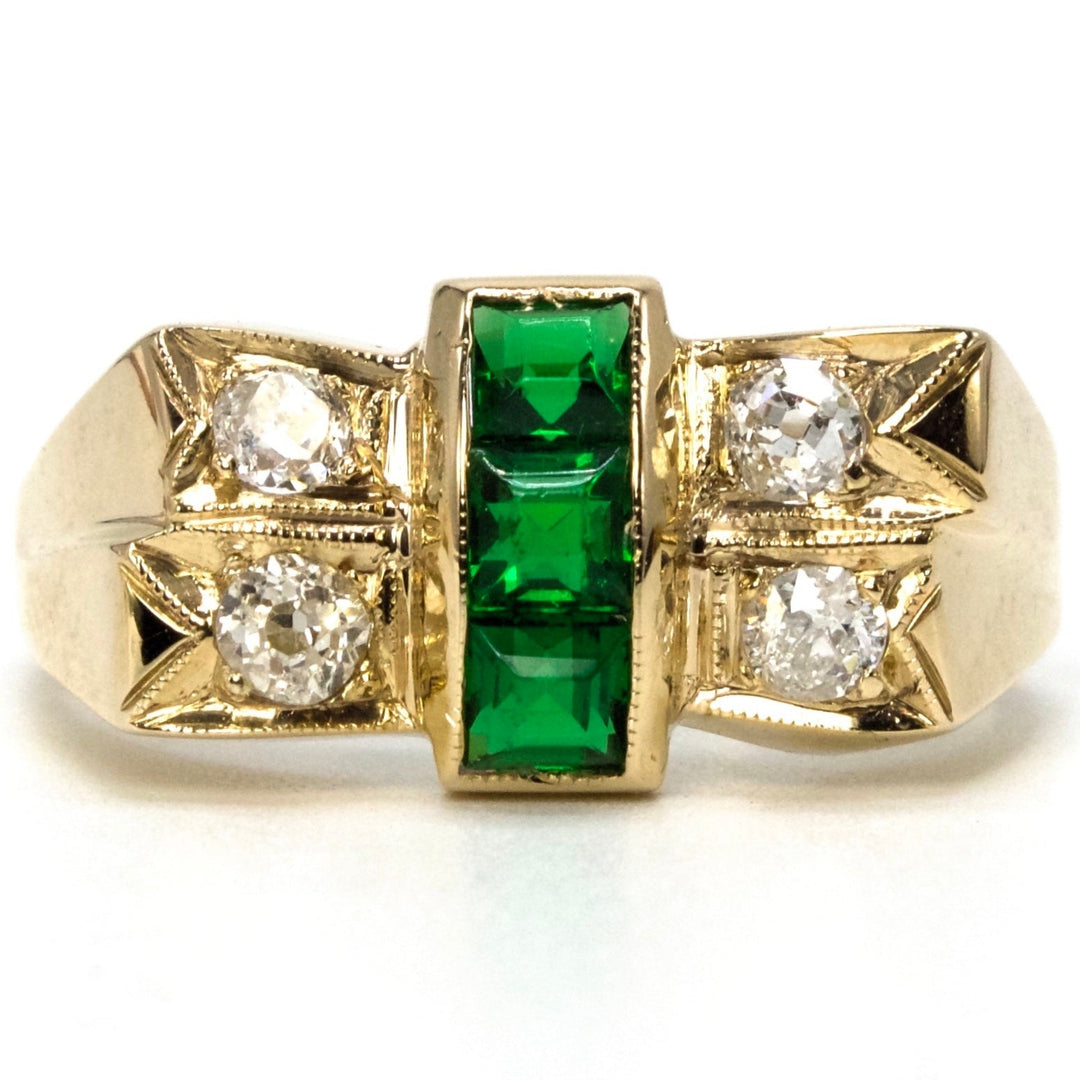 Retro (ca. 1944) Yellow Gold, European Cut Diamond, and Emerald Ring