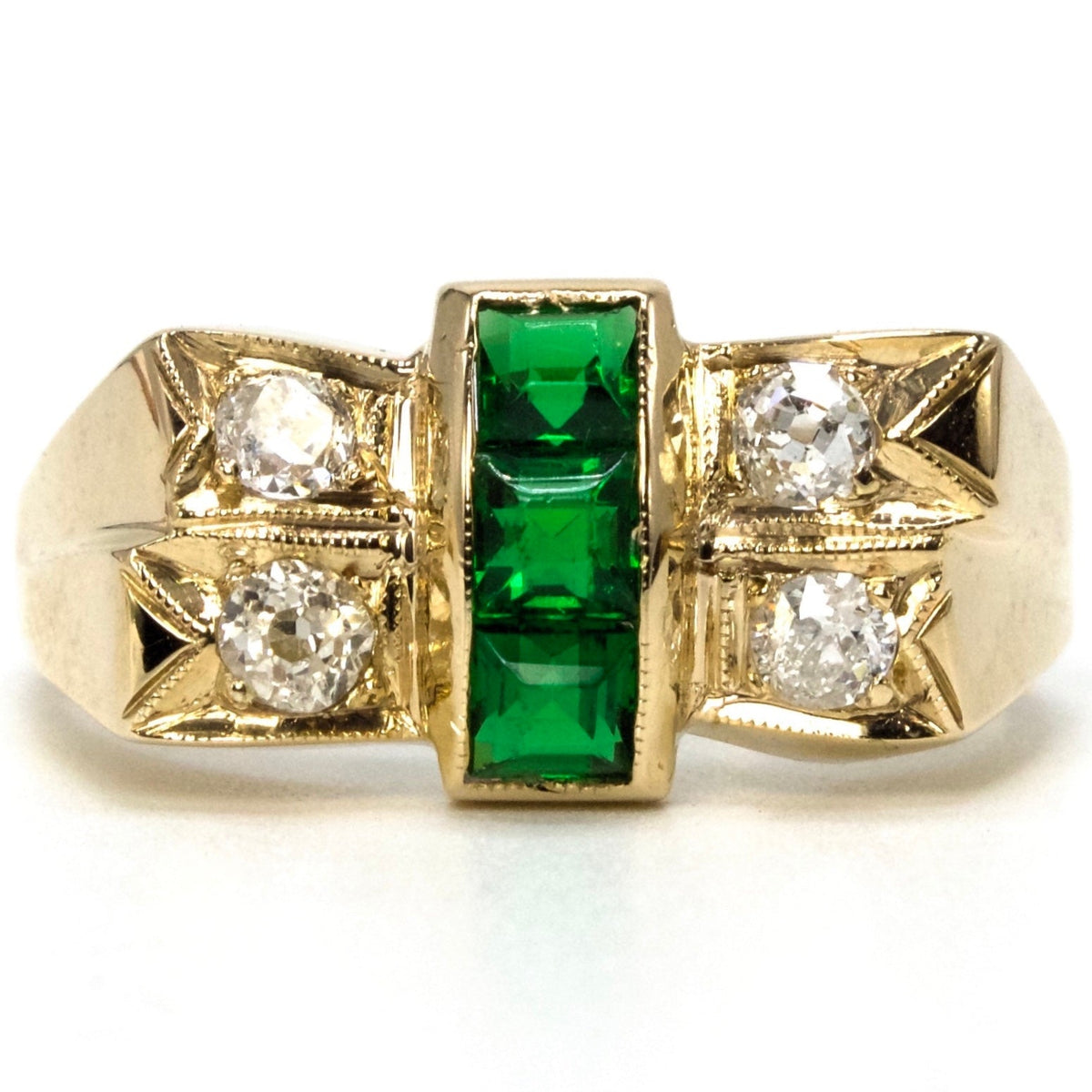 Retro (ca. 1944) Yellow Gold, European Cut Diamond, and Emerald Ring
