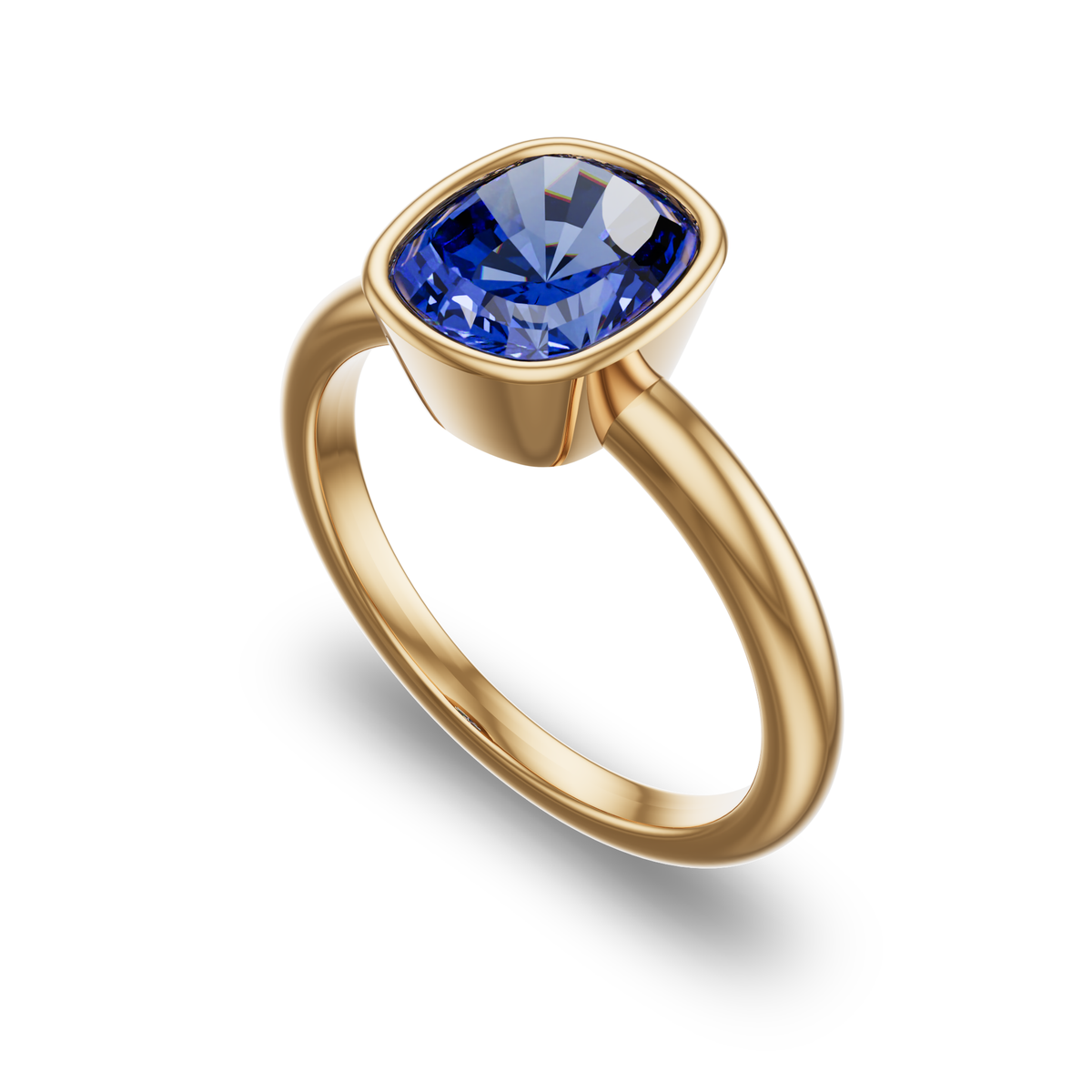 Custom Bezel Set Cushion Cut Solitaire Ring in 14K Yellow Gold with sapphire
