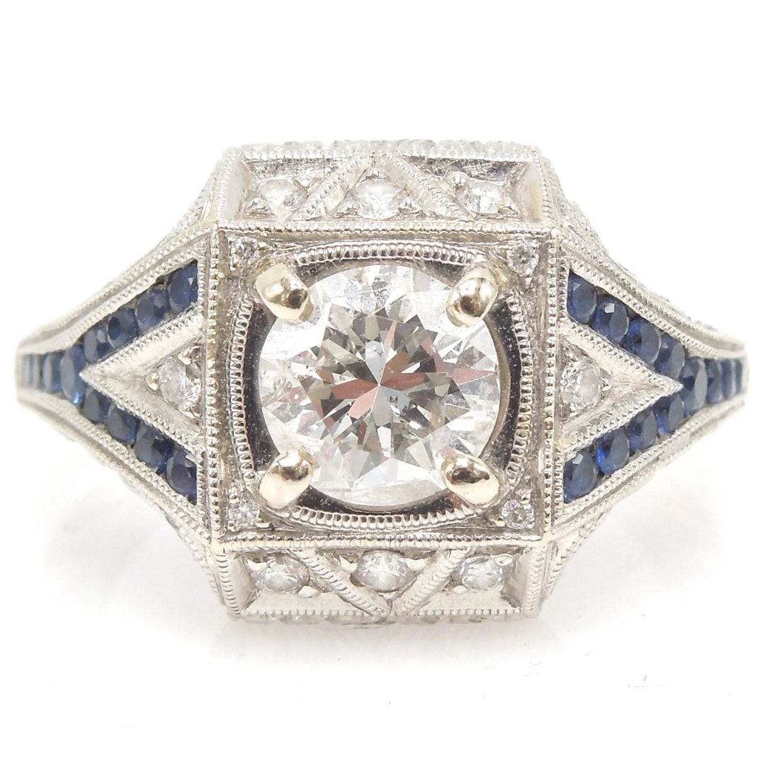 Art Deco Style 1.40ct Diamond Engagement Ring with Sapphire Accents in 14K White Gold