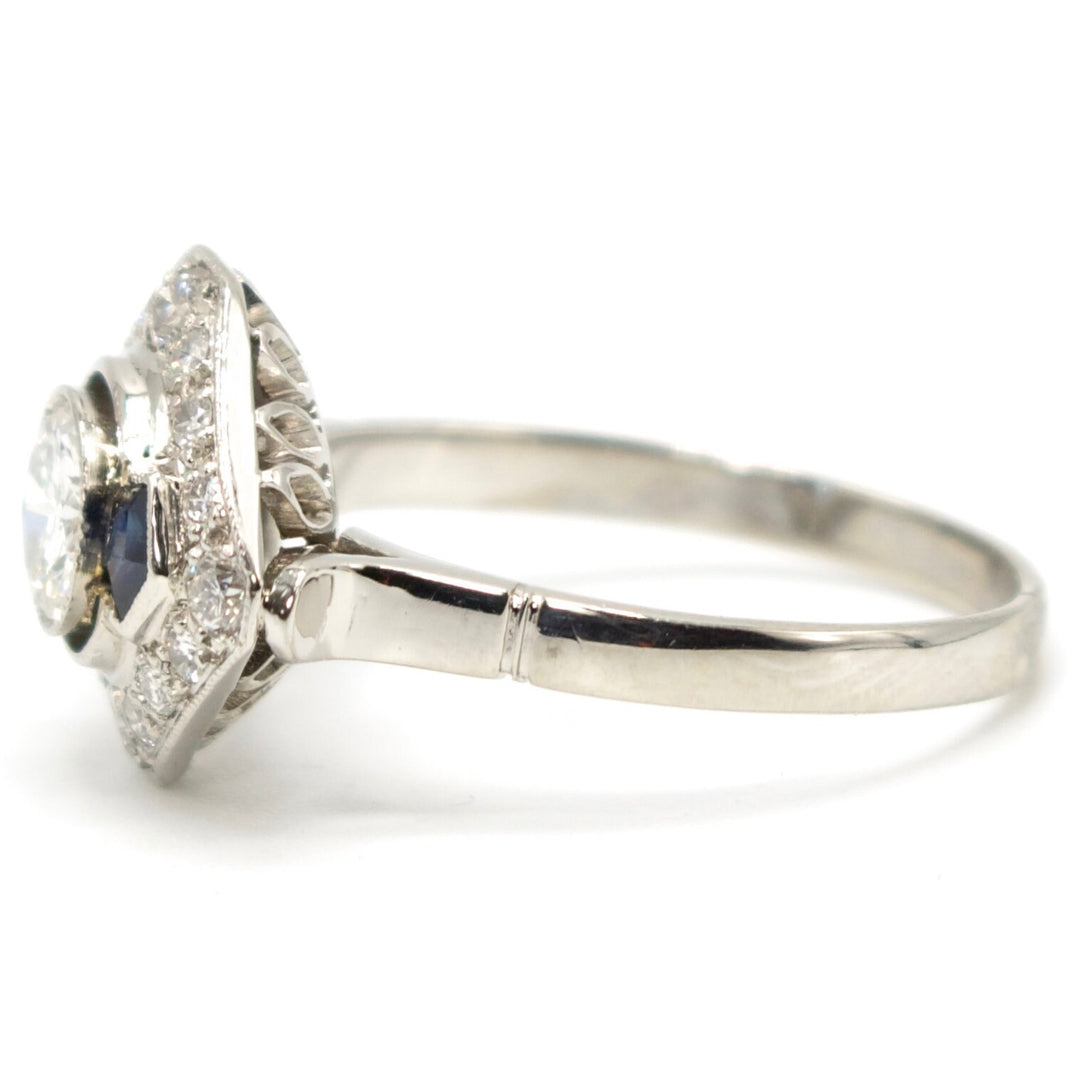 Art Deco Half Carat Diamond Engagement Ring with Pentagonal Cut Sapphire Accents in Platinum