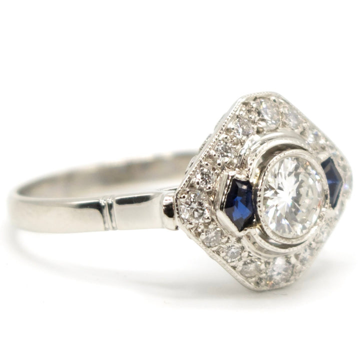 Art Deco Half Carat Diamond Engagement Ring with Pentagonal Cut Sapphire Accents in Platinum