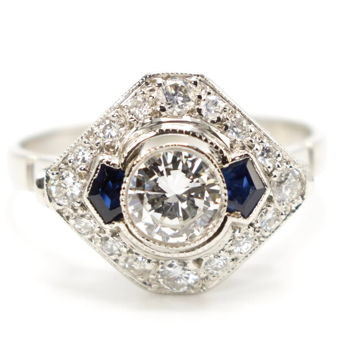 Art Deco Half Carat Diamond Engagement Ring with Pentagonal Cut Sapphire Accents in Platinum