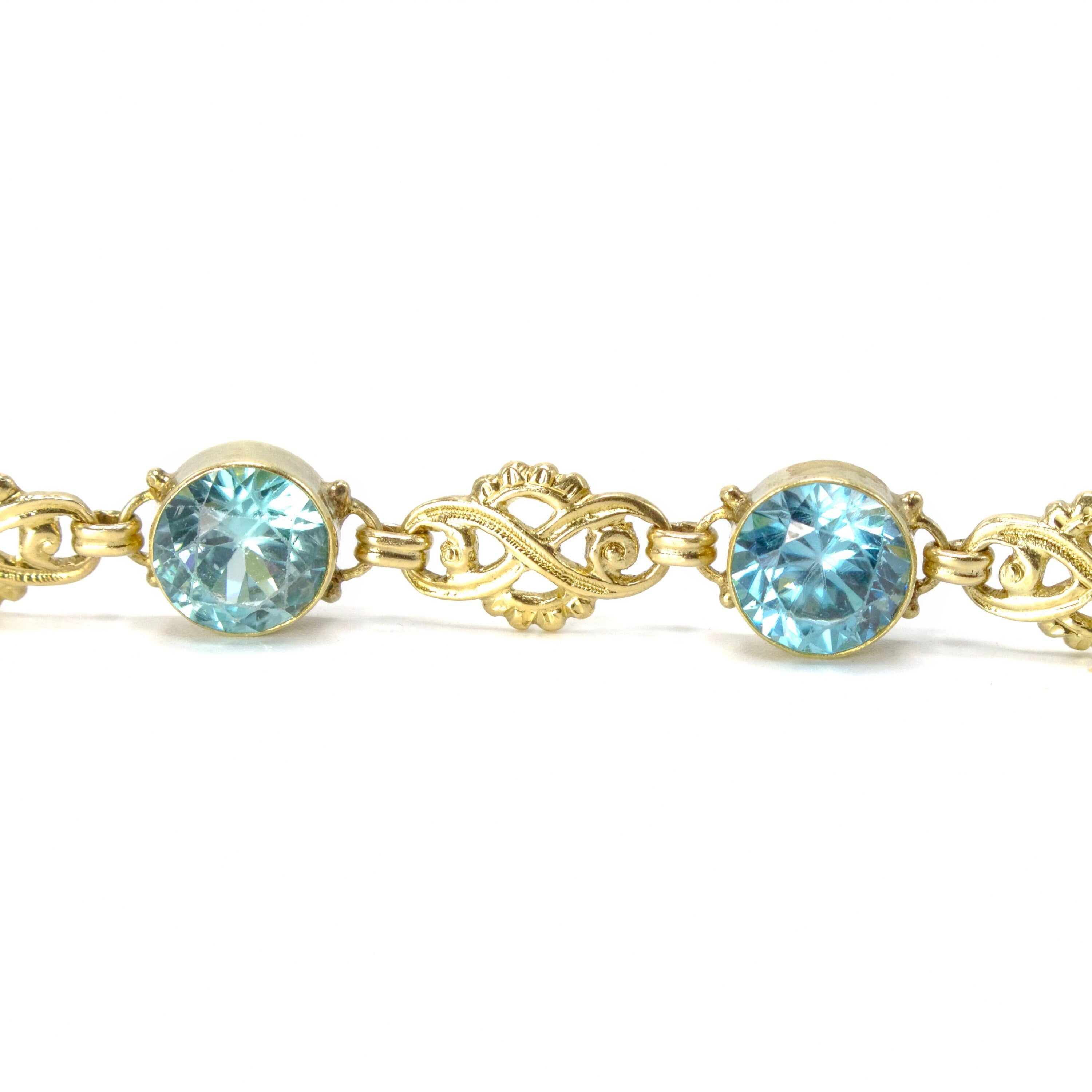 14K Yellow Gold Blue Zircon Link Bracelet, 7 inches, ca. 1930