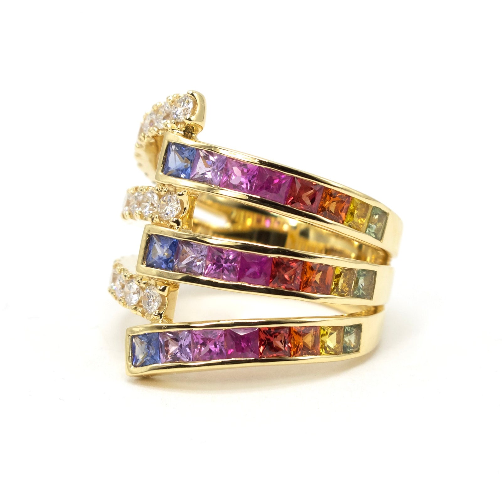 Triple Split Shank Diamond and Rainbow Sapphire Ring in 18K Yellow Gold