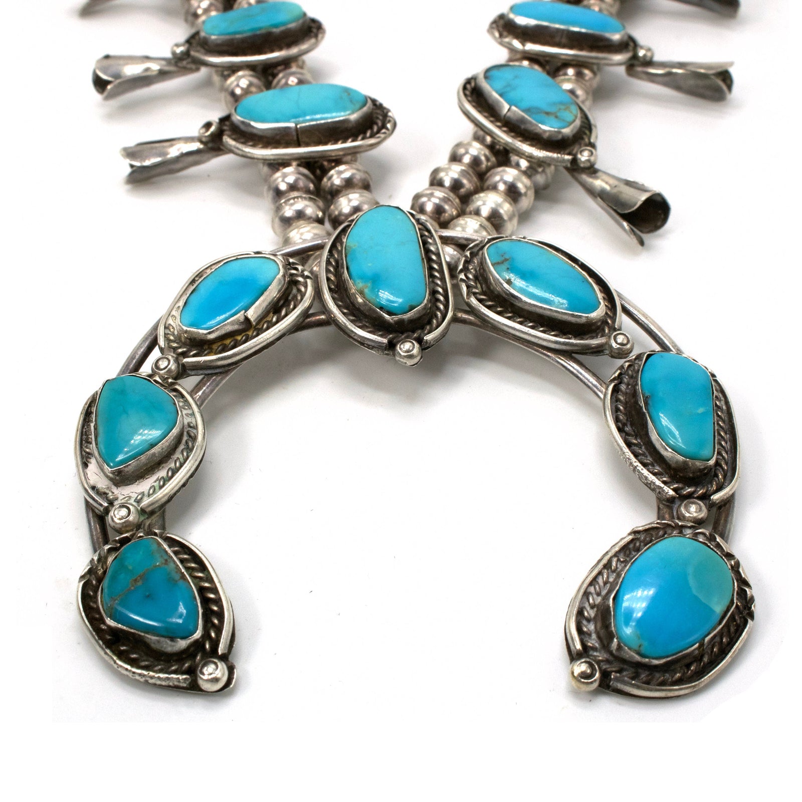 Vintage Native American Silver and Turquoise Squash Blossom Necklace