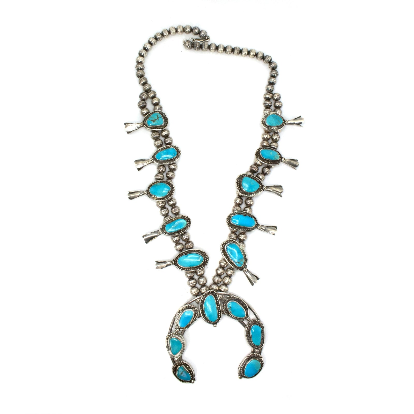 Vintage Native American Silver and Turquoise Squash Blossom Necklace