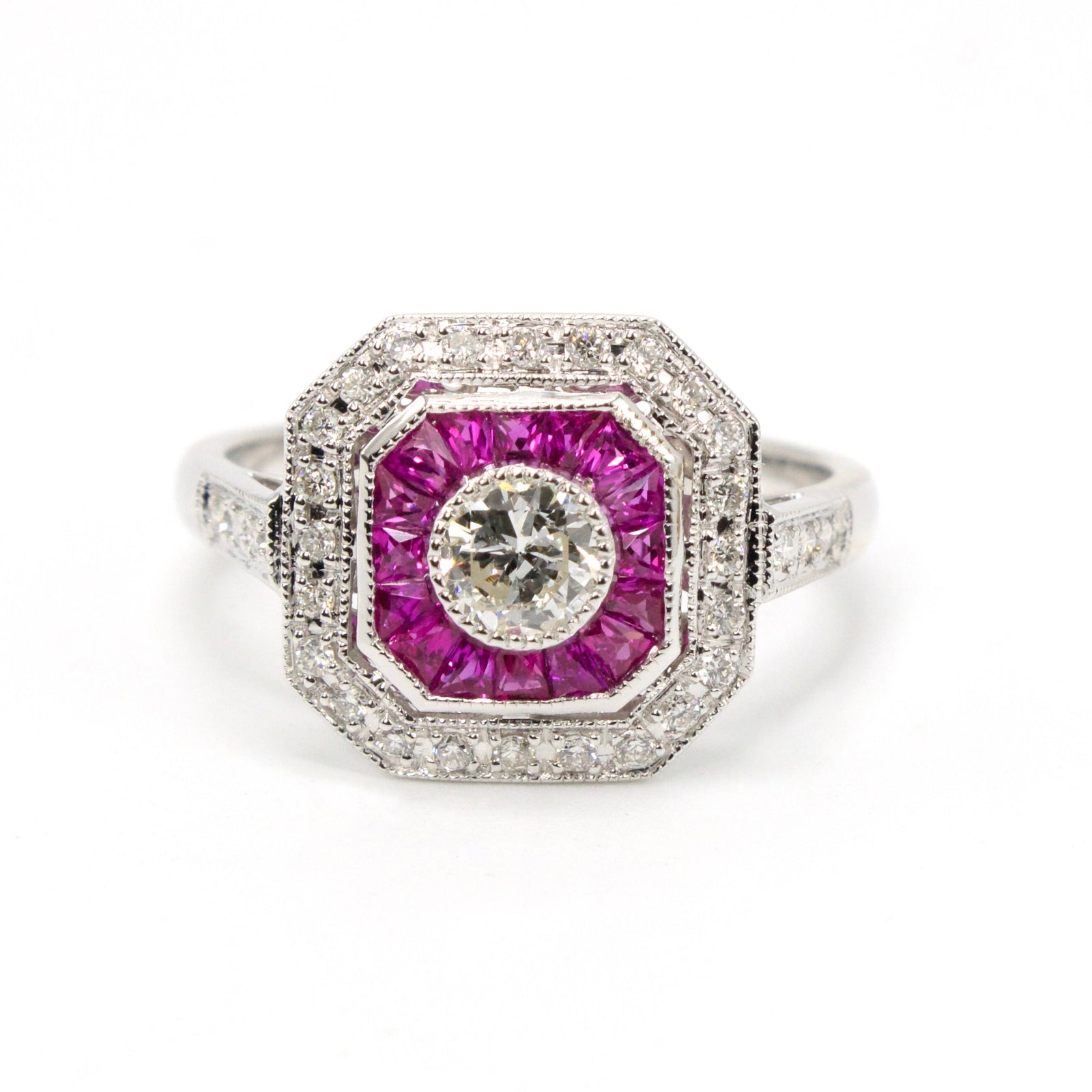 Art Deco Style Square White Gold & Diamond Engagement Ring with Ruby and Diamond Double Halo