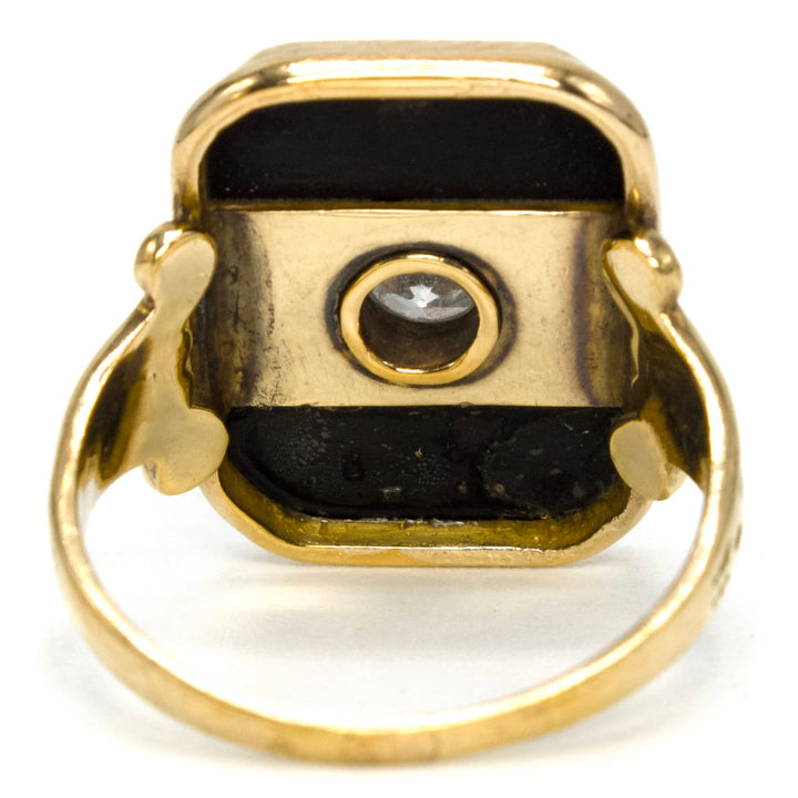 Art Deco 10K Yellow Gold Onyx and European Cut Diamond Ring