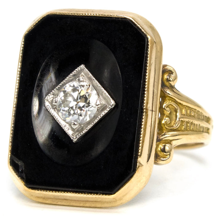 Art Deco 10K Yellow Gold Onyx and European Cut Diamond Ring