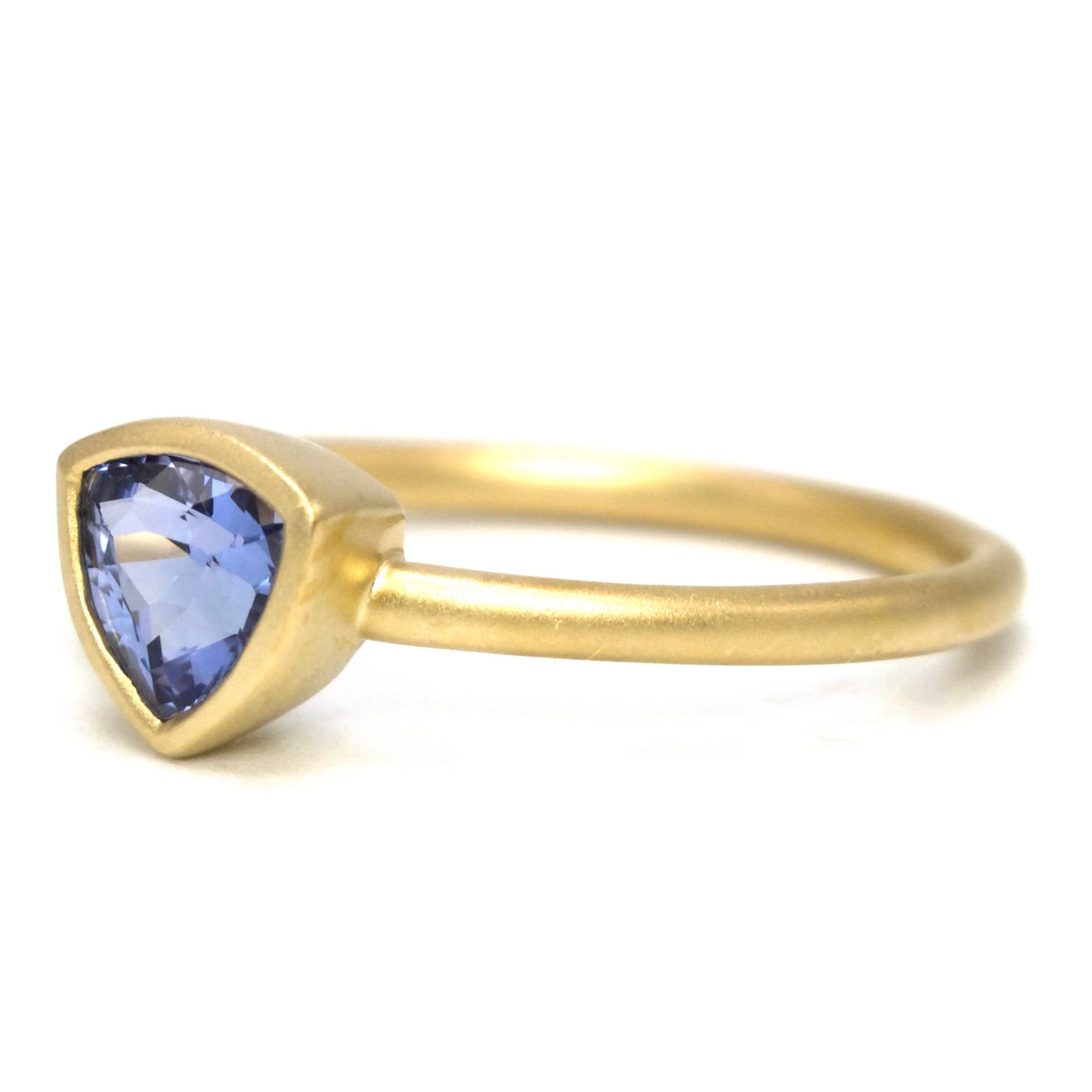 Trilliant Cut Ceylon Blue Sapphire Bezel Set in 14K Yellow Gold Ring