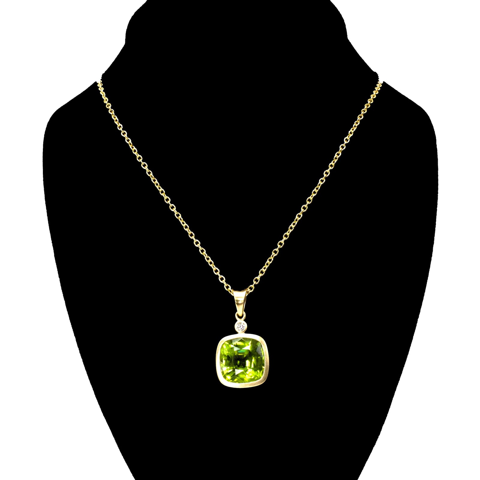 Cushion Cut Peridot Pendant Necklace with Accent Diamond in Yellow Gold
