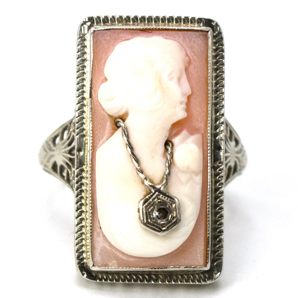 Pink Shell Cameo of Woman Wearing Diamond Necklace in Filigree Ring Mounting