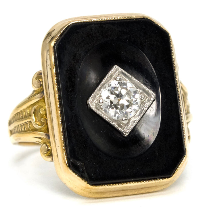 Art Deco 10K Yellow Gold Onyx and European Cut Diamond Ring