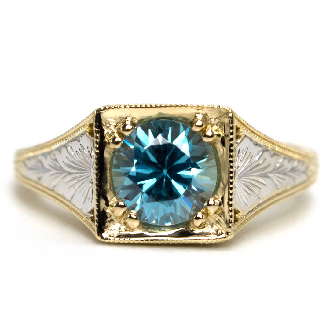 Edwardian Style 1.64 Carat Round Blue Zircon Solitaire Ring in Bicolor Gold