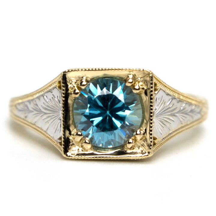 Edwardian Style 1.64 Carat Round Blue Zircon Solitaire Ring in Bicolor Gold