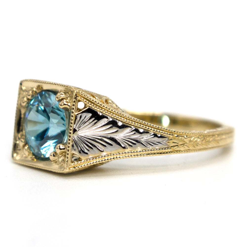 Edwardian Style 1.64 Carat Round Blue Zircon Solitaire Ring in Bicolor Gold