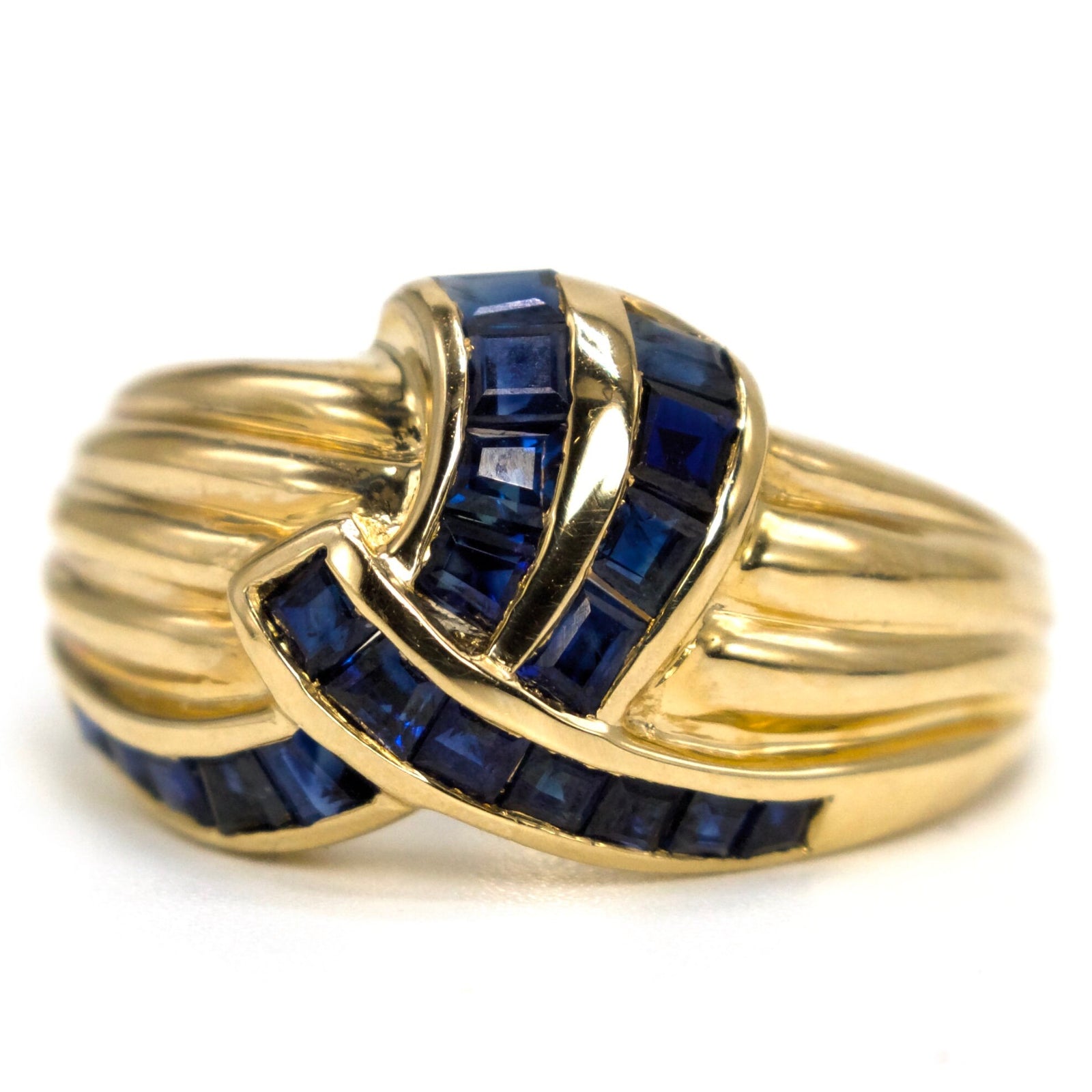 Retro/Mid-Century Ribbed Crossover Ring with Sapphires in Yellow Gold