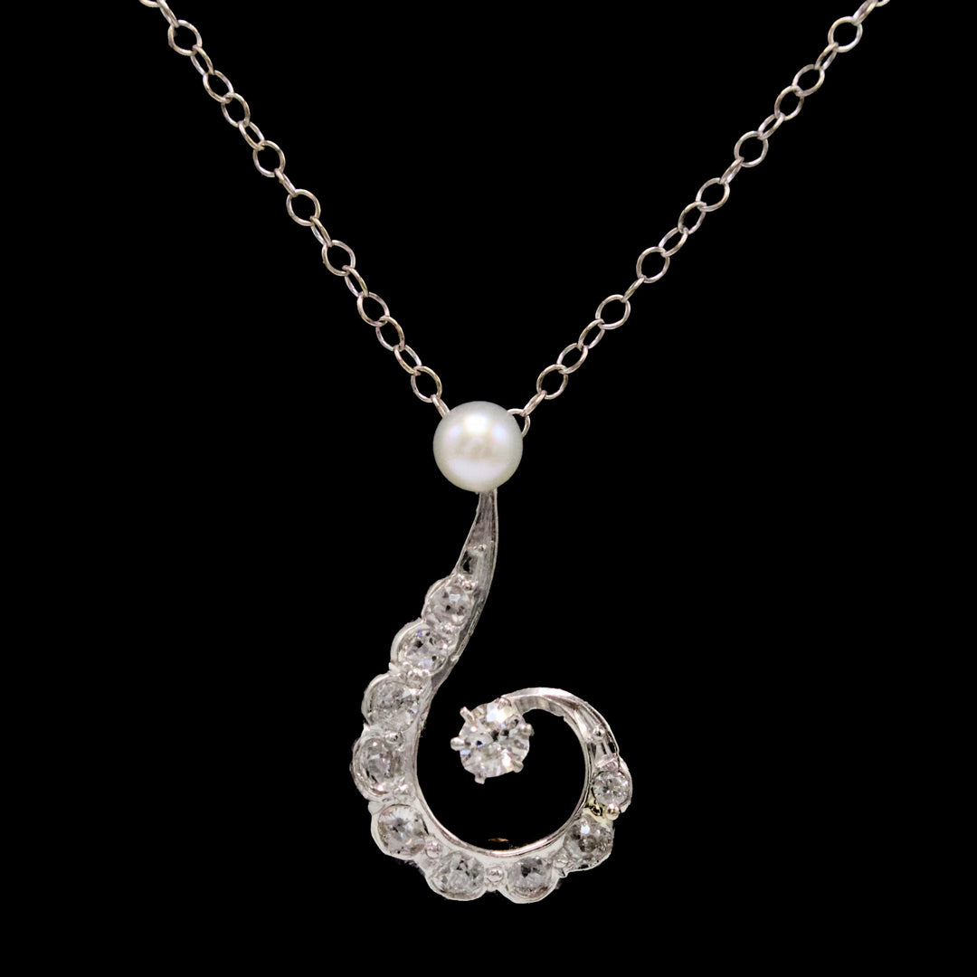 Edwardian Question Mark Diamond and Pearl Necklace in Platinum and Gold