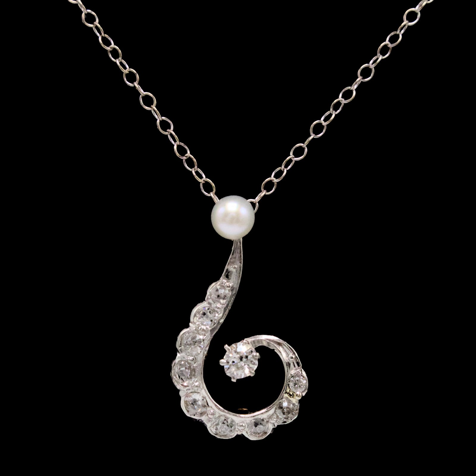 Edwardian Question Mark Diamond and Pearl Necklace in Platinum and Gold