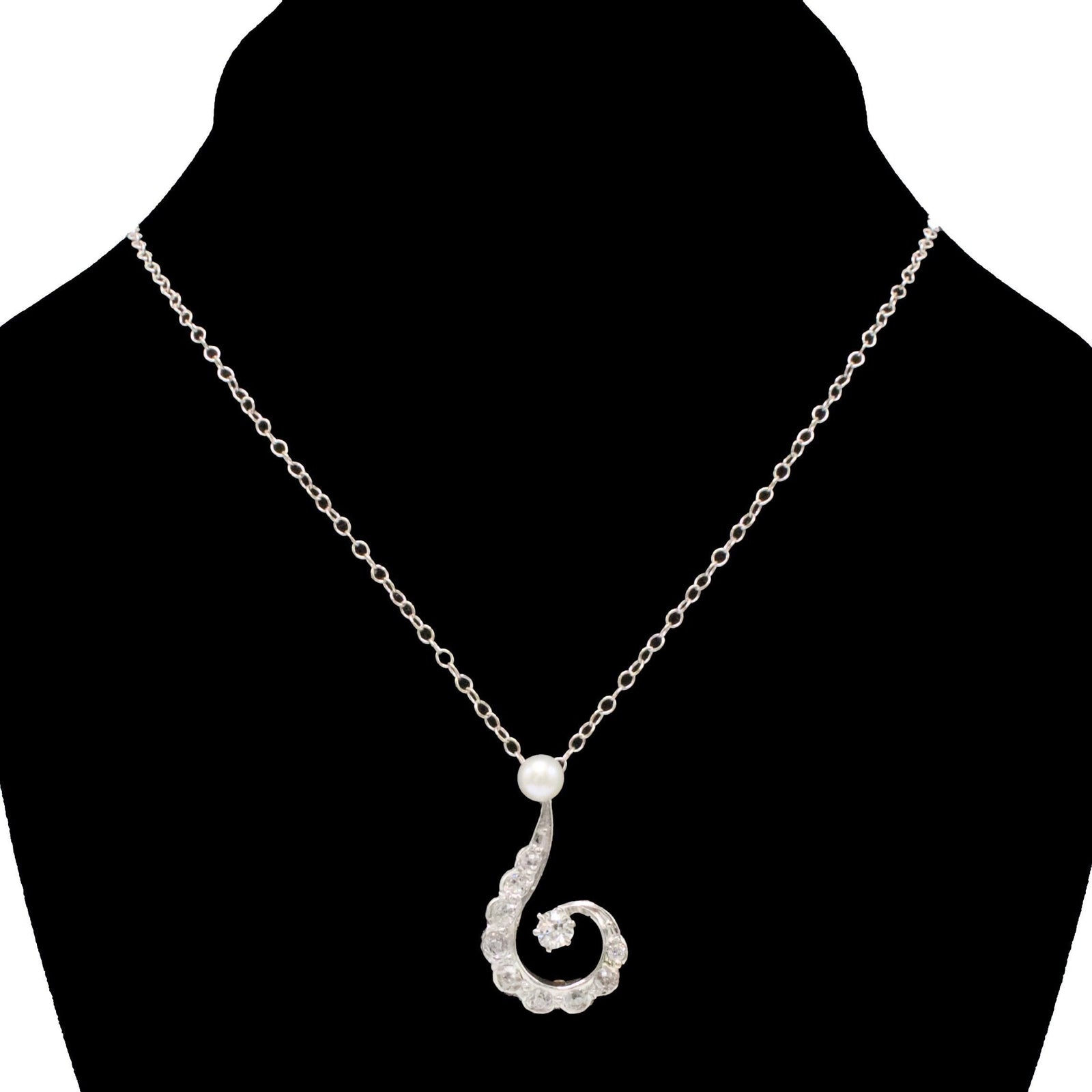 Edwardian Question Mark Diamond and Pearl Necklace in Platinum and Gold