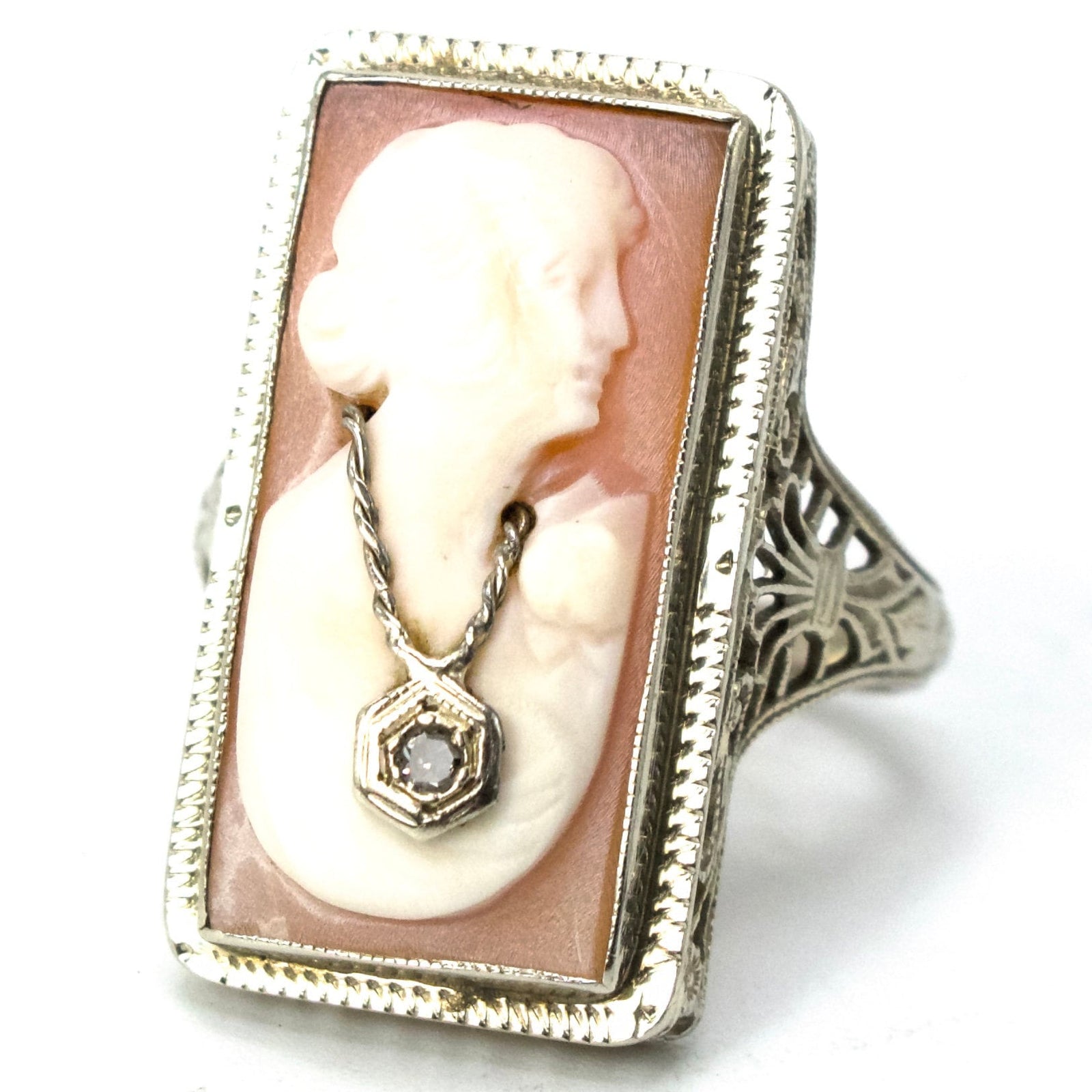 Pink Shell Cameo of Woman Wearing Diamond Necklace in Filigree Ring Mounting