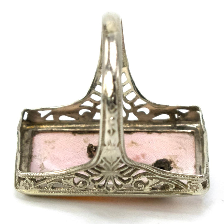 Pink Shell Cameo of Woman Wearing Diamond Necklace in Filigree Ring Mounting