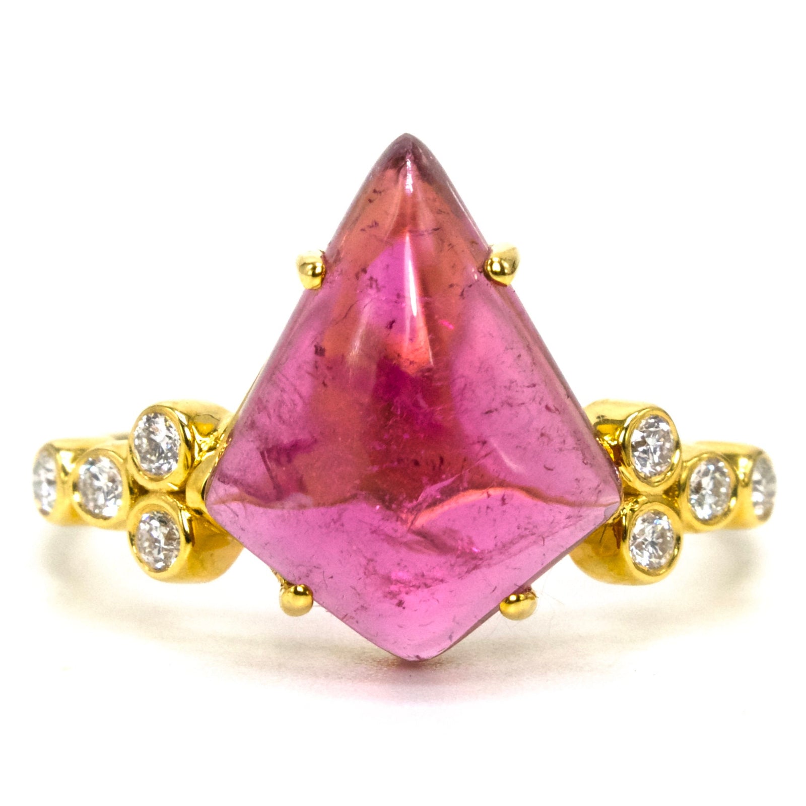 3.67 Carat Kite Cut Cabochon Pink Tourmaline and Diamond Ring in 18K Yellow Gold