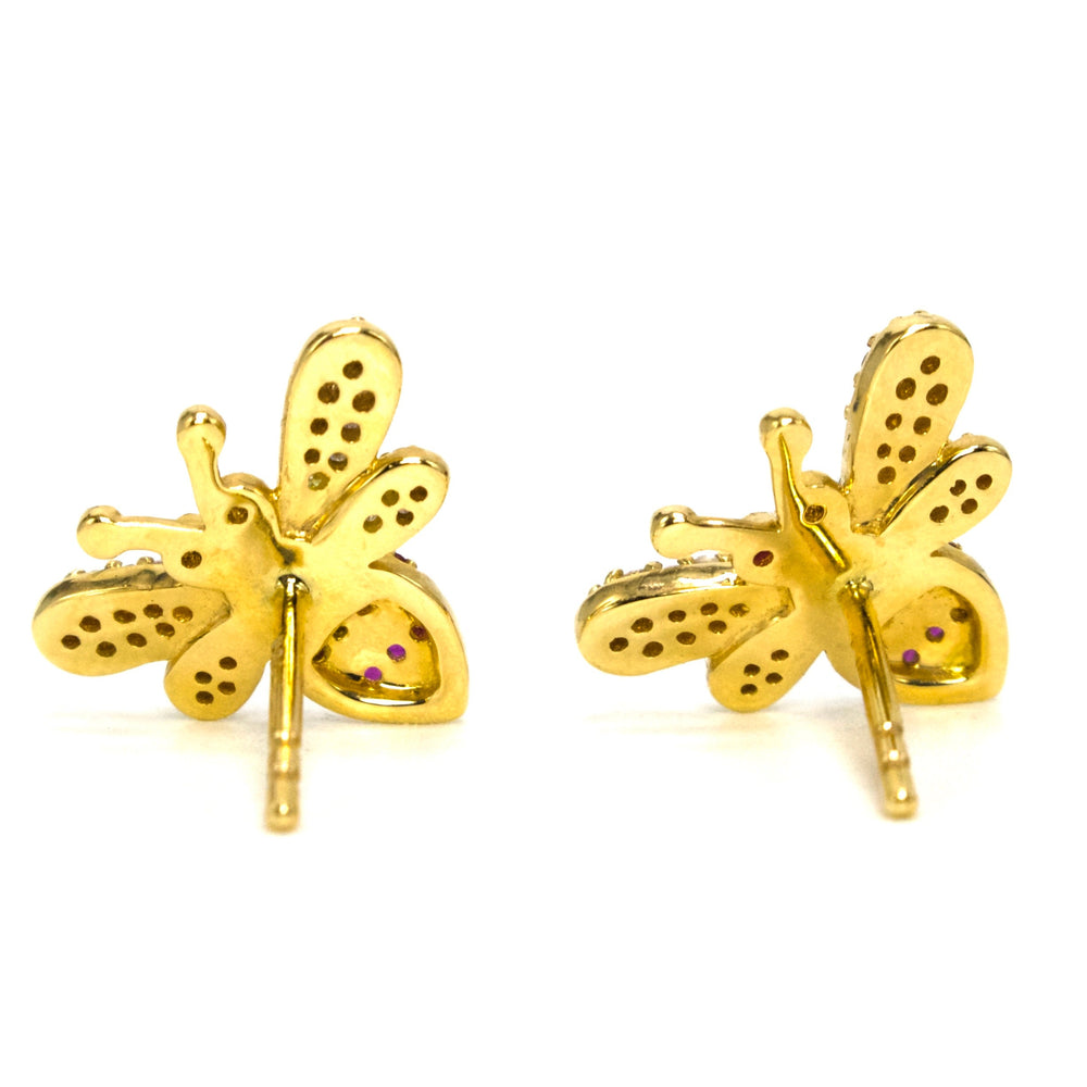 Ruby and Diamond Bee Stud Earrings in 18K Yellow Gold