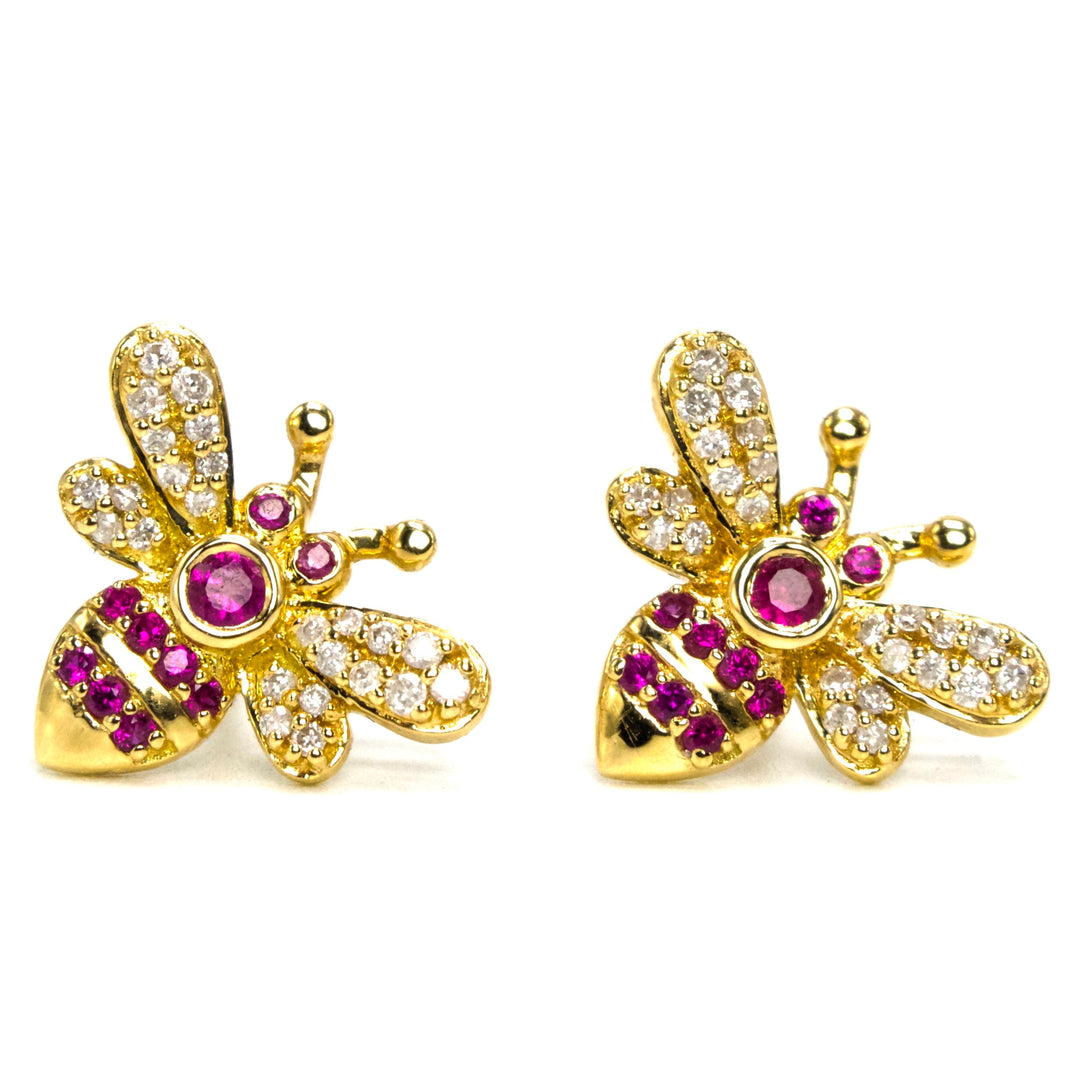 Ruby and Diamond Bee Stud Earrings in 18K Yellow Gold