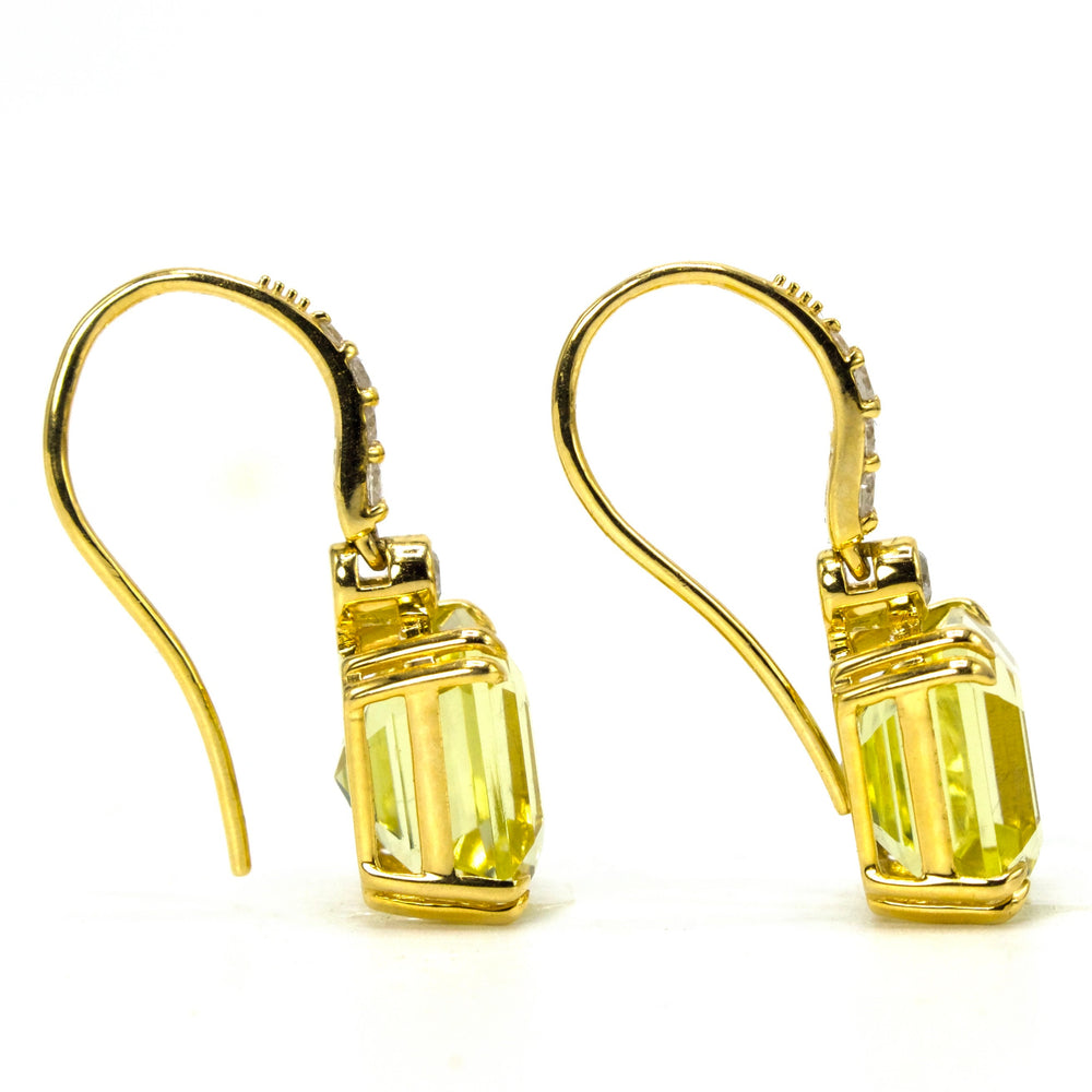Large Square Step Cut Lemon Quartz Drop Earrings with Diamond Accents in Yellow Gold