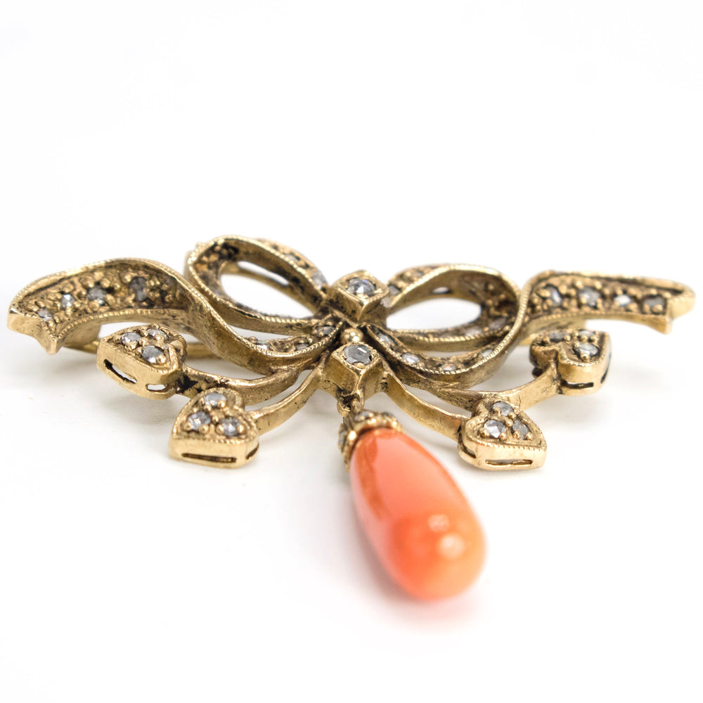 Vintage 9K Yellow Gold Rose Cut Diamond and Coral Ribbon Bow Brooch