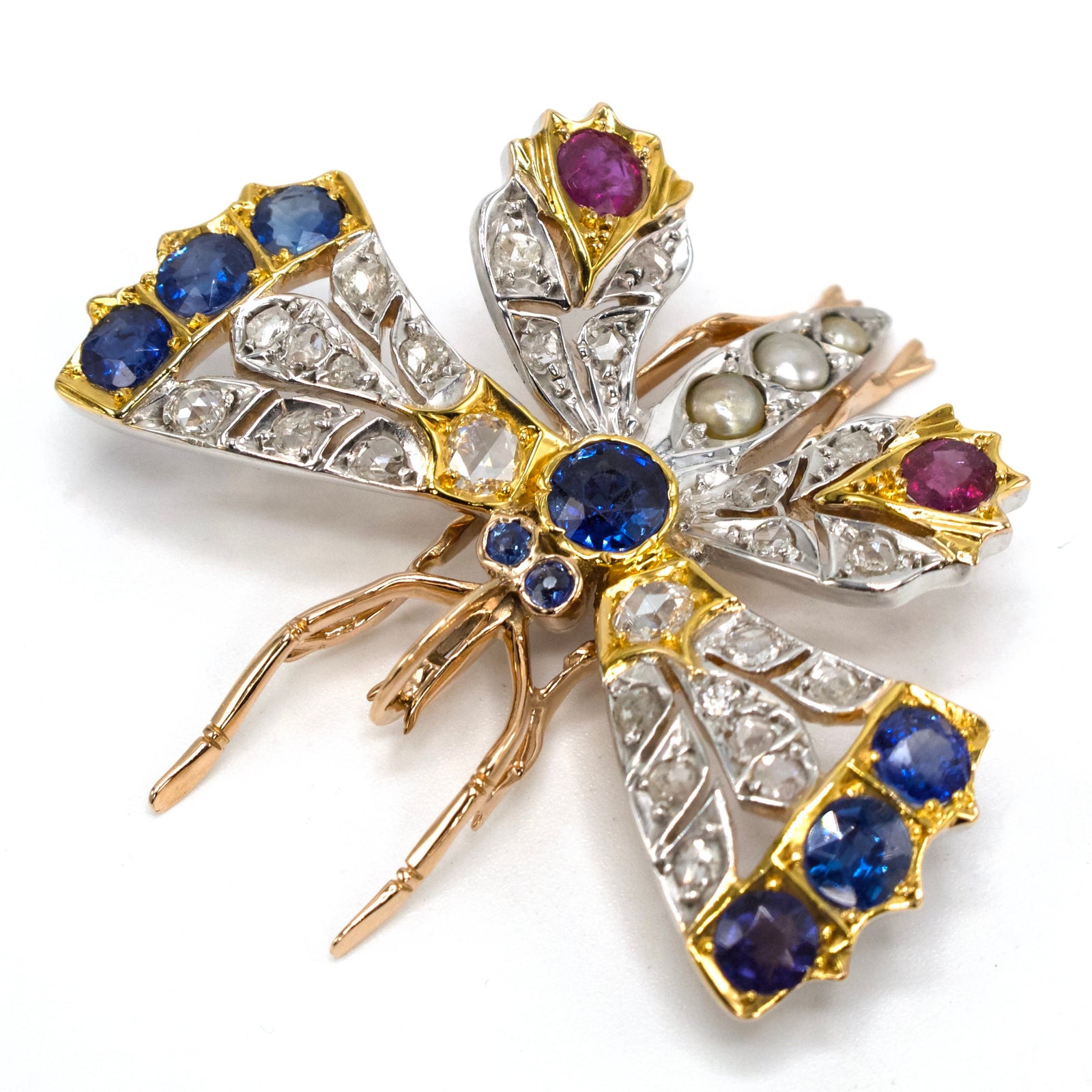 Antique Moth Pendant with Sapphires, Diamonds, Rubies, Pearls, and Silver over Gold