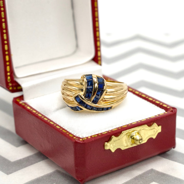 Retro/Mid-Century Ribbed Crossover Ring with Sapphires in Yellow Gold