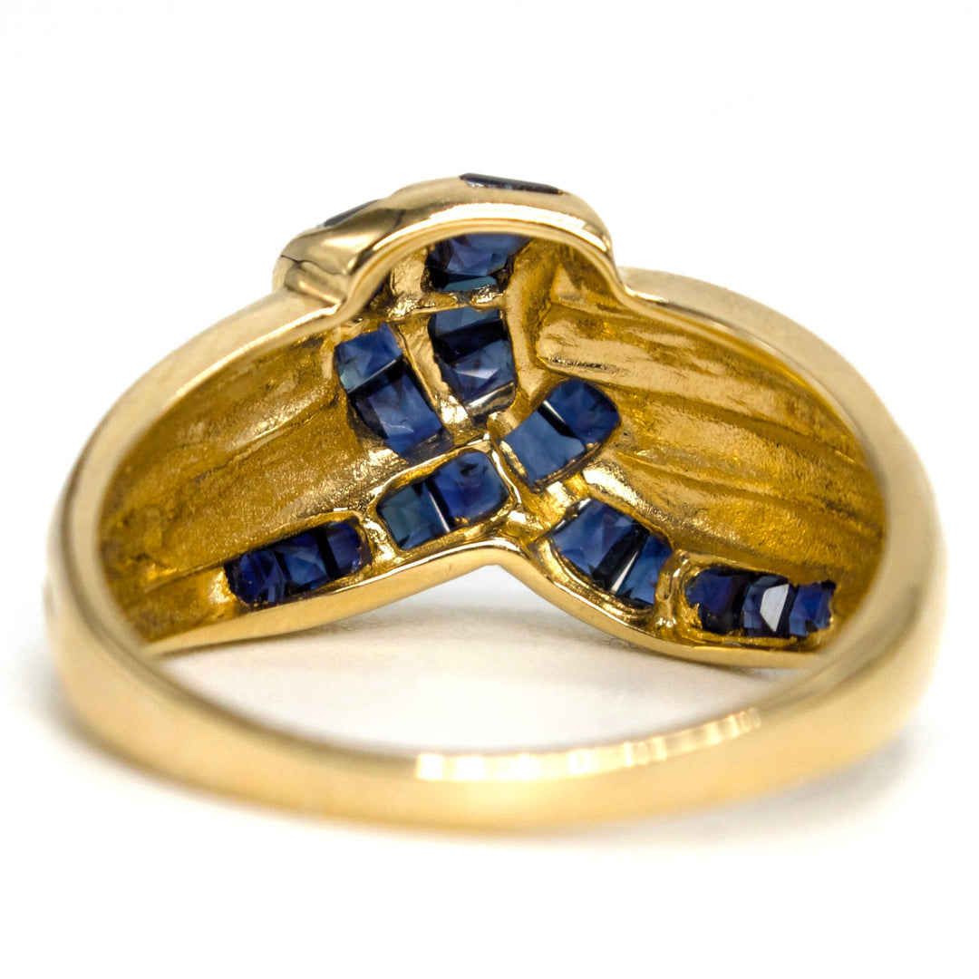 Retro/Mid-Century Ribbed Crossover Ring with Sapphires in Yellow Gold