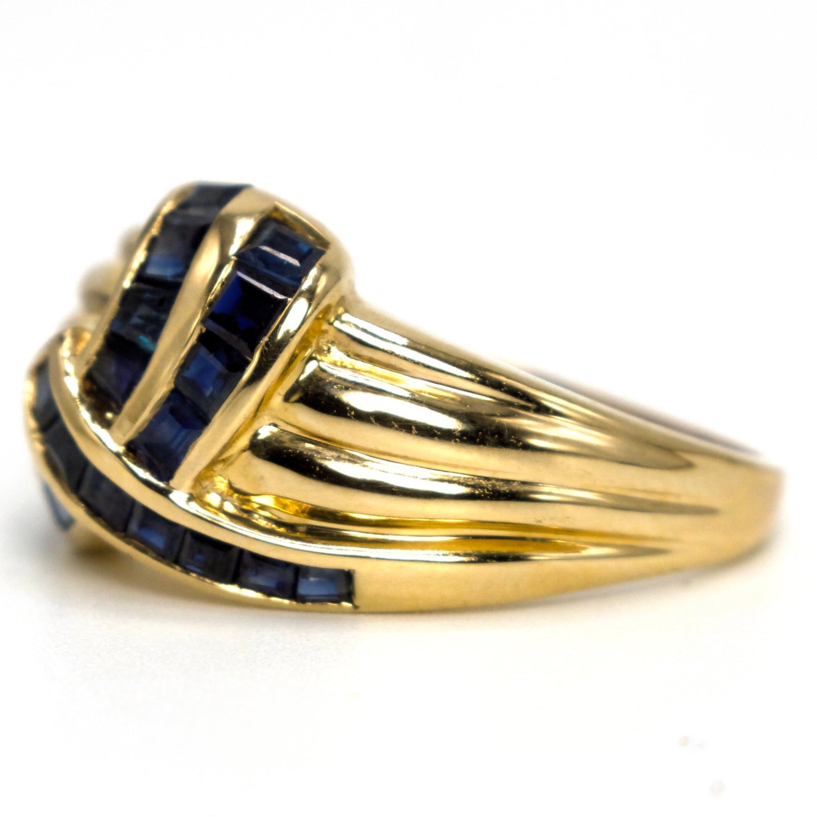 Retro/Mid-Century Ribbed Crossover Ring with Sapphires in Yellow Gold