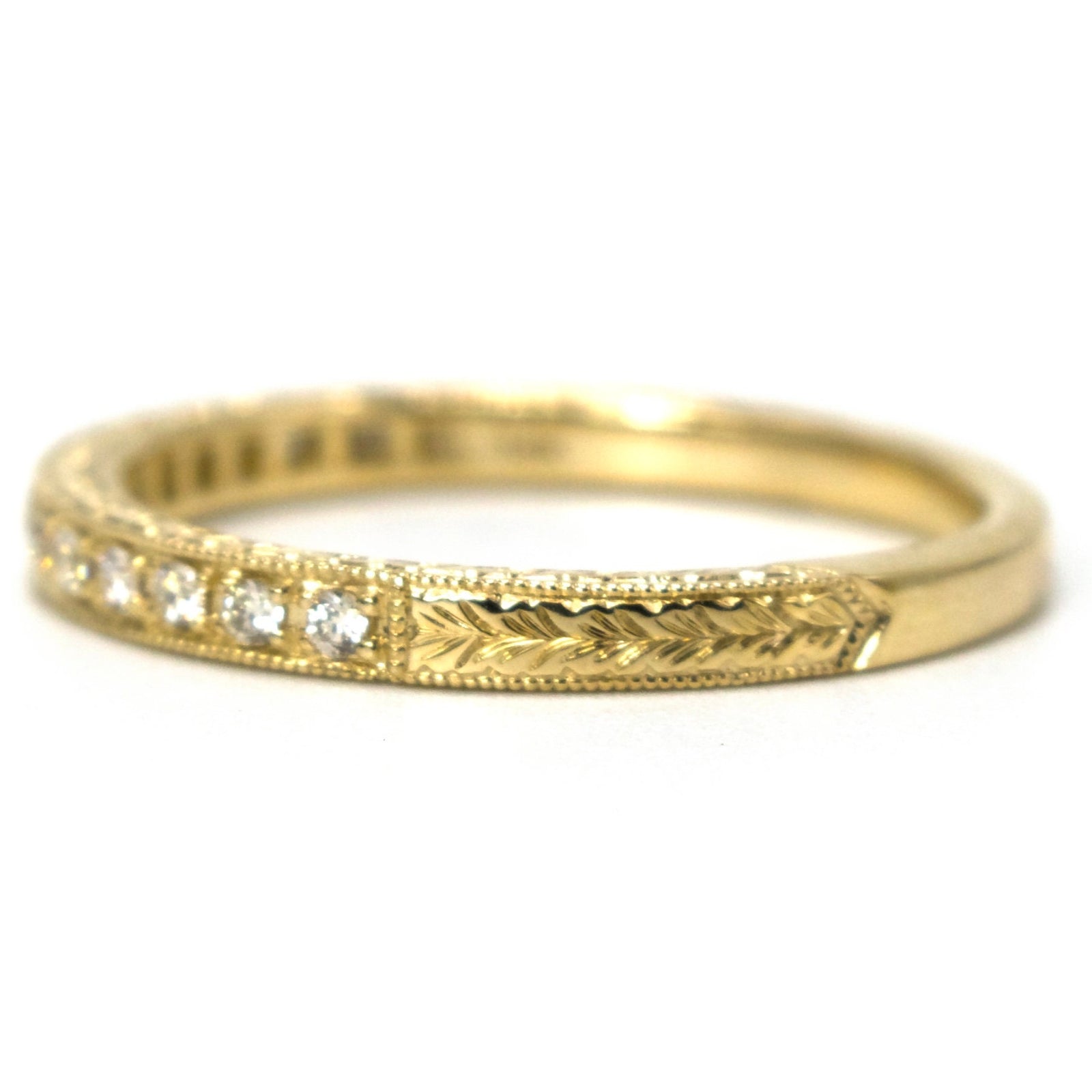 Art Deco Stye 14K Yellow Gold Engraved Diamond Wedding Band