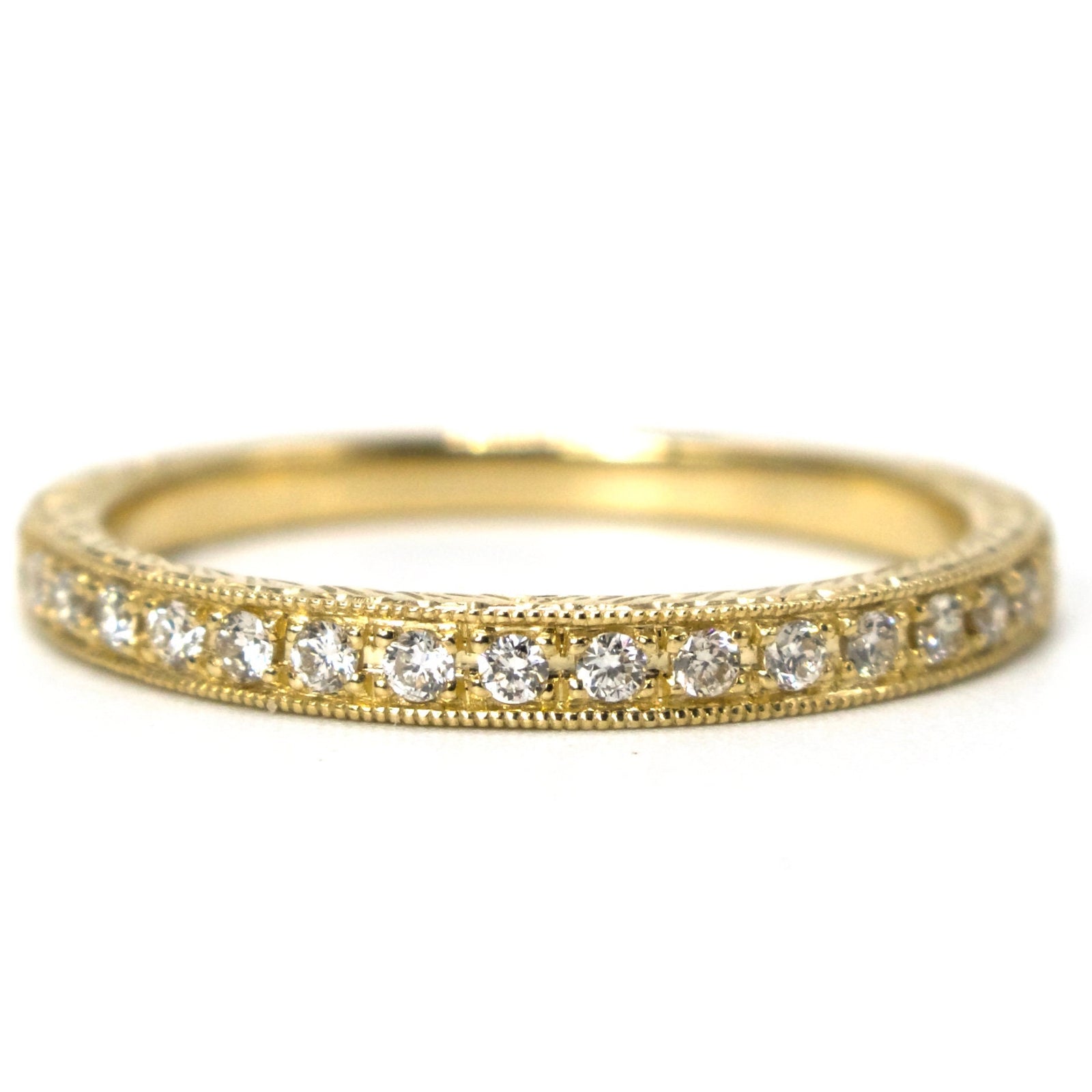 Art Deco Stye 14K Yellow Gold Engraved Diamond Wedding Band