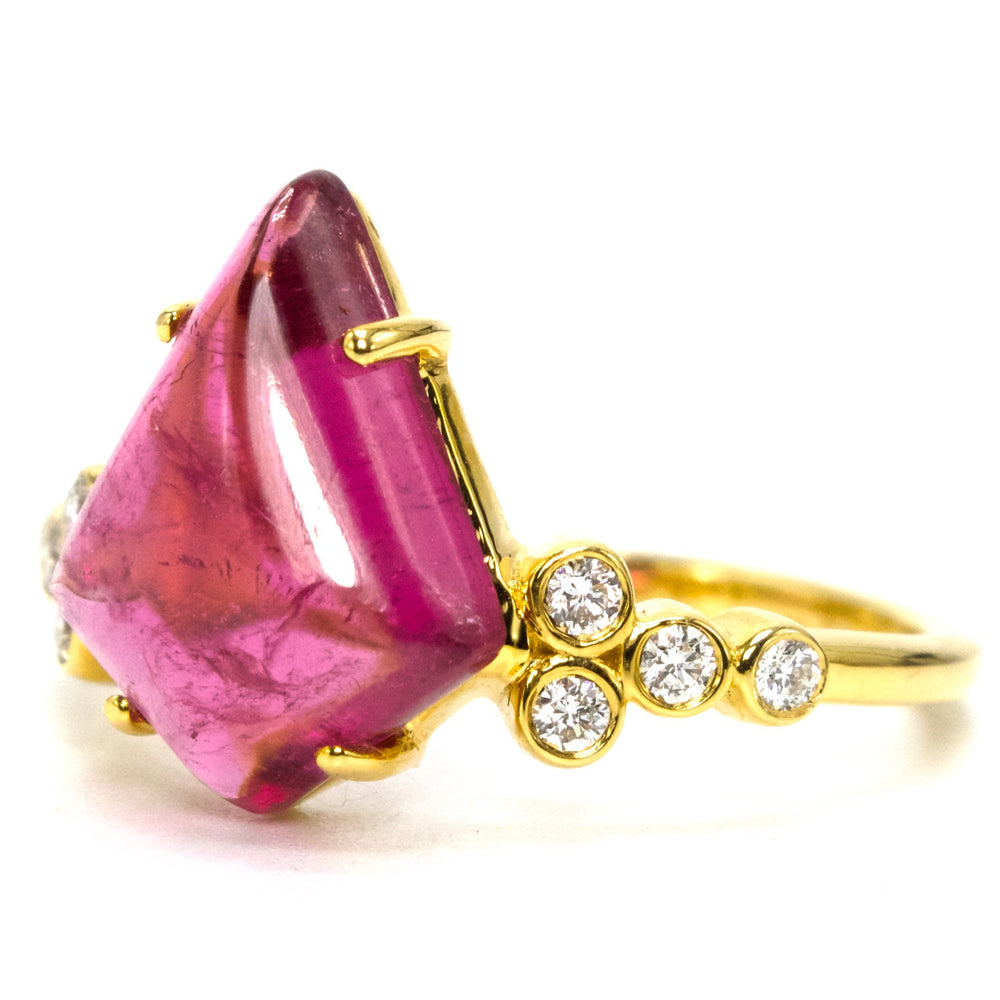 3.67 Carat Kite Cut Cabochon Pink Tourmaline and Diamond Ring in 18K Yellow Gold
