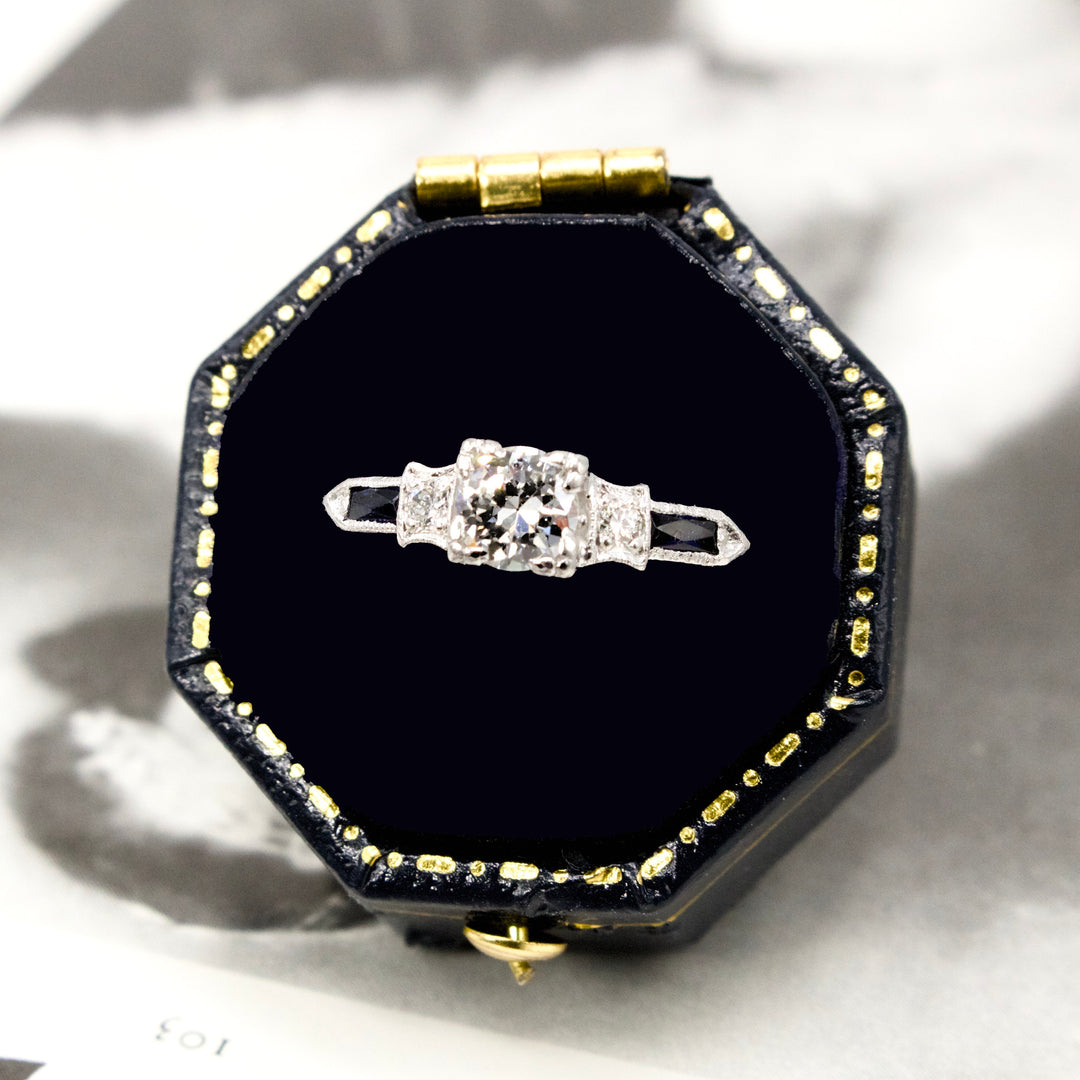 0.38 Carat Transitional Cut Diamond Solitaire with Baguette Sapphire Accents in Platinum