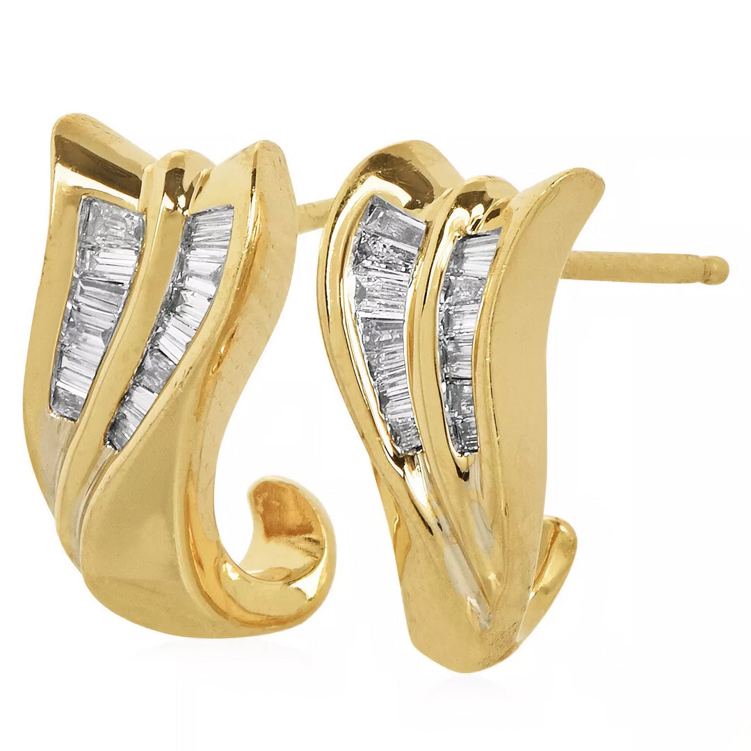 Lightweight Yellow Gold and Baguette Diamond Swirl Stud Earrings