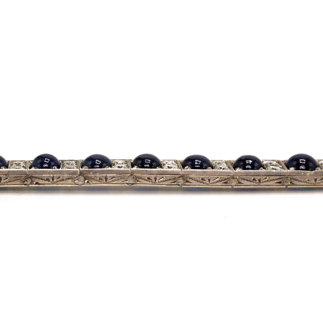 Art Deco Diamond and Cabochon Sapphire Link Bracelet in White Gold