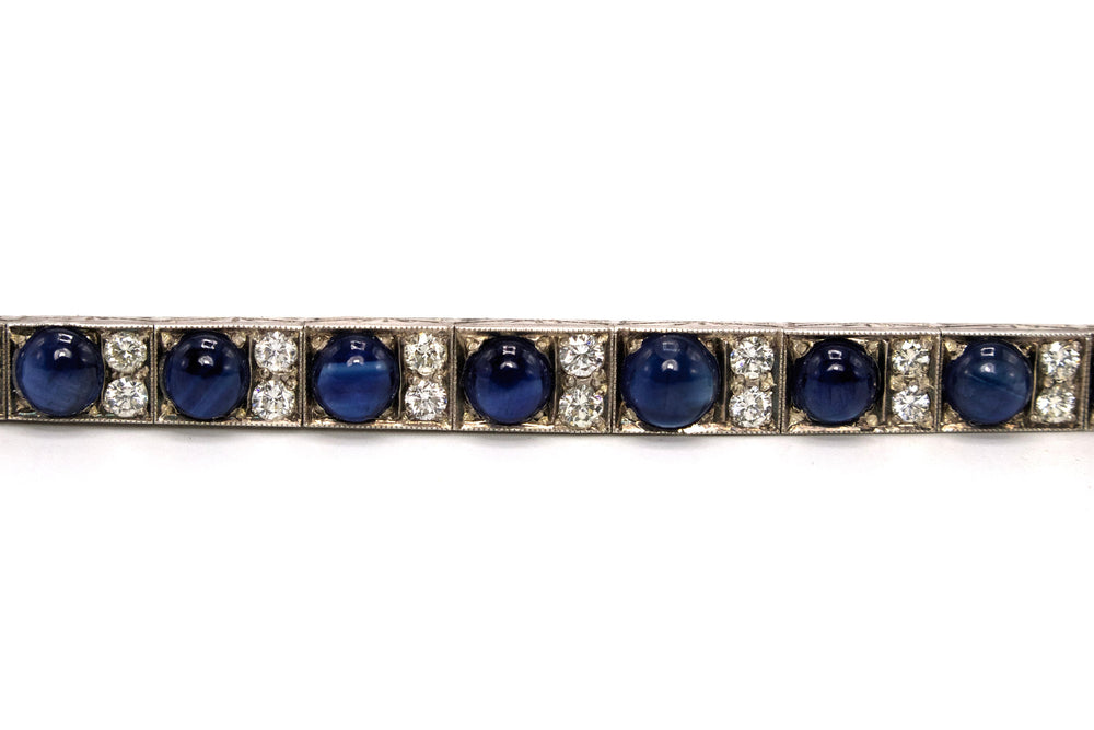 Art Deco Diamond and Cabochon Sapphire Link Bracelet in White Gold